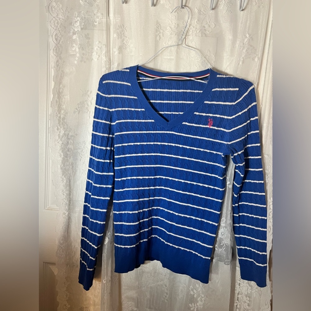 Ralph Lauren Blue & White Striped Sweater w/ Light Pink Detail, Size S